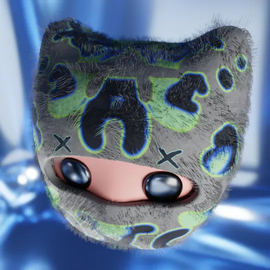 a cartoon style head with a balaclava with cat shaped ears, in grey, blue and green