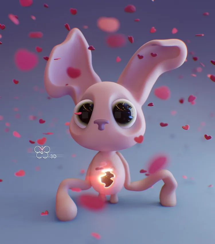 3d sculpture of an unknown, small pink creature, with a hole in its chest glowing, and petals falling down in background and foreground