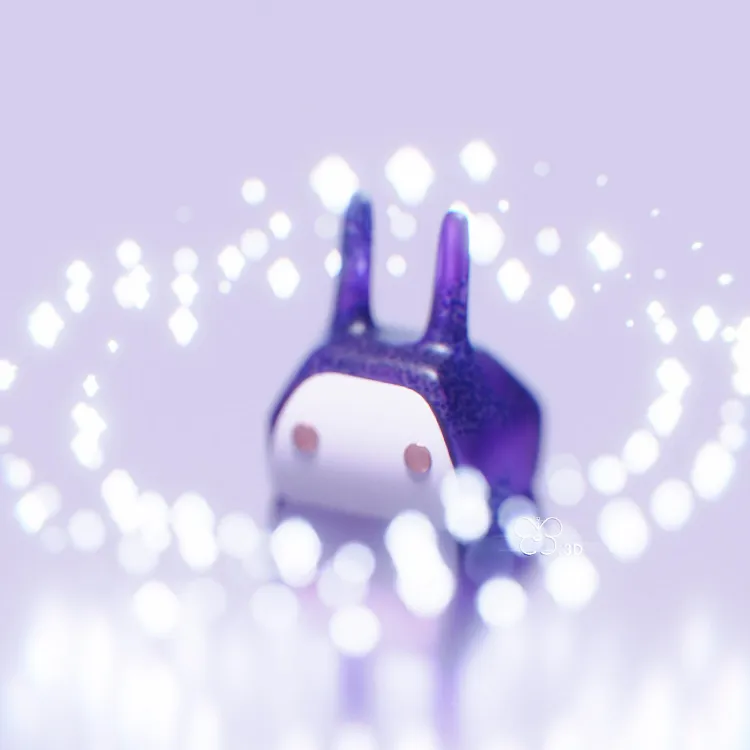 3d sculpture of a cartoon bunny surrounded by glowing balls