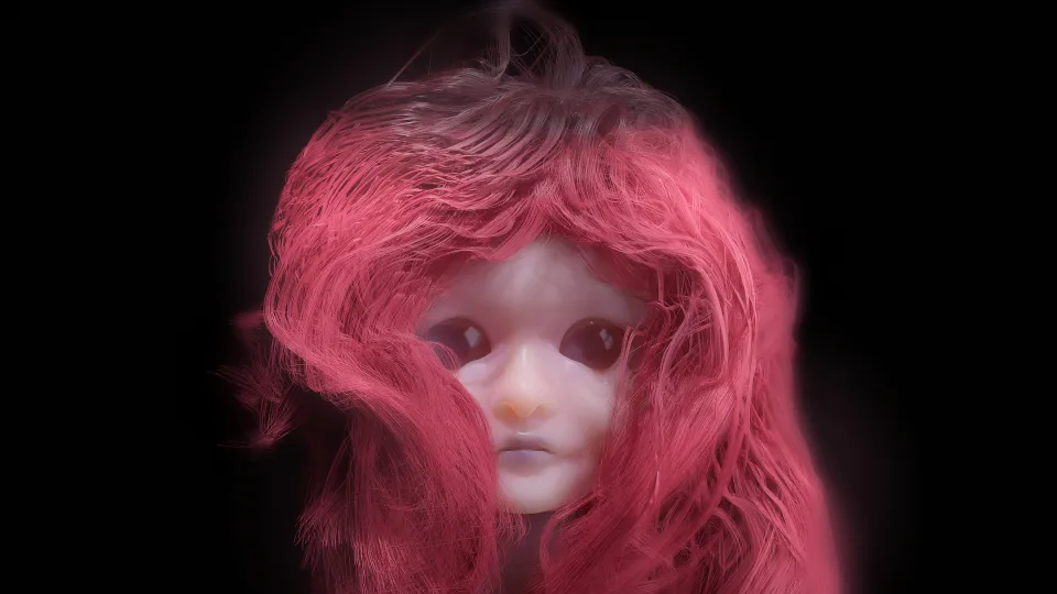 3d sculpture of a doll, with large eyes and pink silky hair