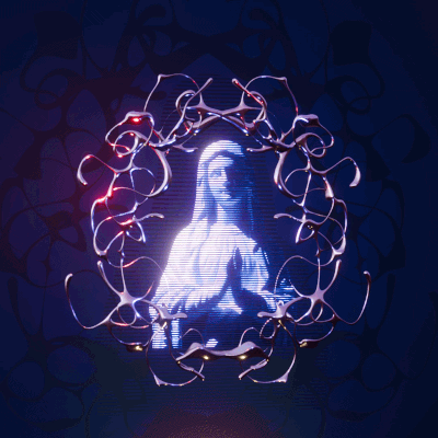 a holographic mary surrounding by abstract liquid metal frame