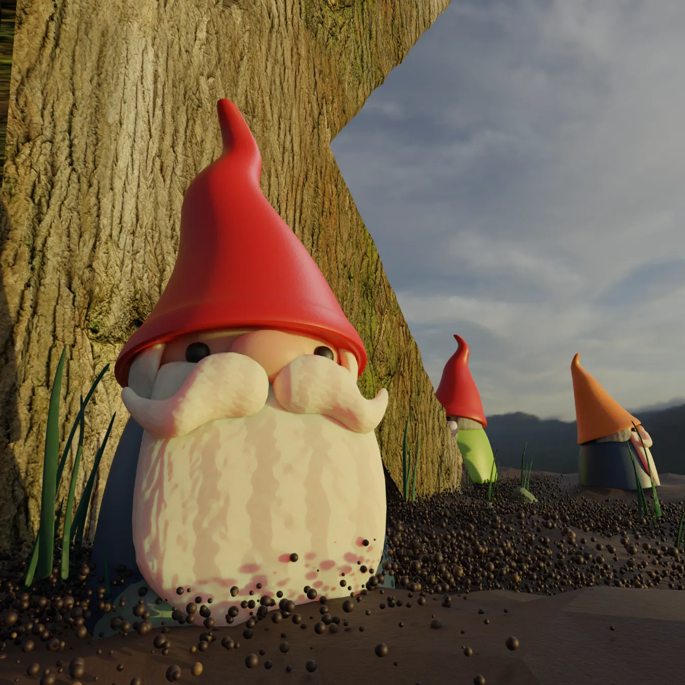 a 3d render of a cartoon gnome with a red hat