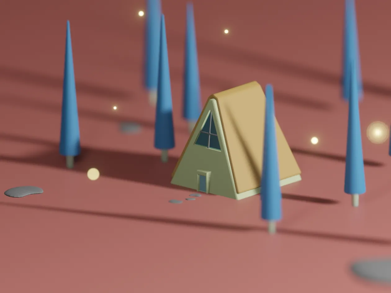 a 3d lowpoly render of a triangle shaped yellow house, on flat grounds, with blue trees and glowing particles surrounding it