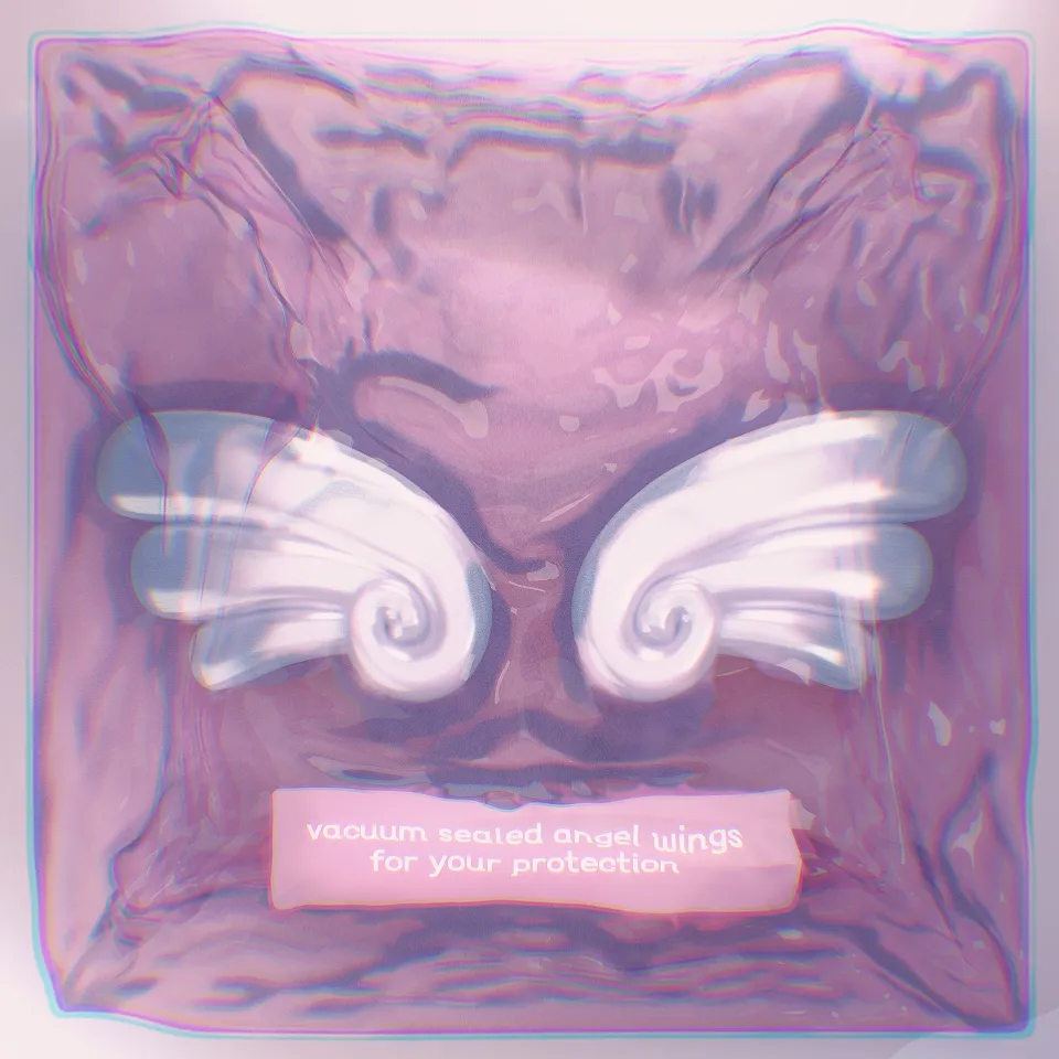 Pearlescent cartoon angel wings vacuum sealed in a bag that says 'vacuum sealed angle wings for your protection'