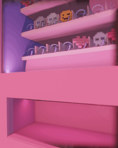 a 3d render close up of a pink vending machine with cartoon skulls, smiley faces and hearts available as selections
