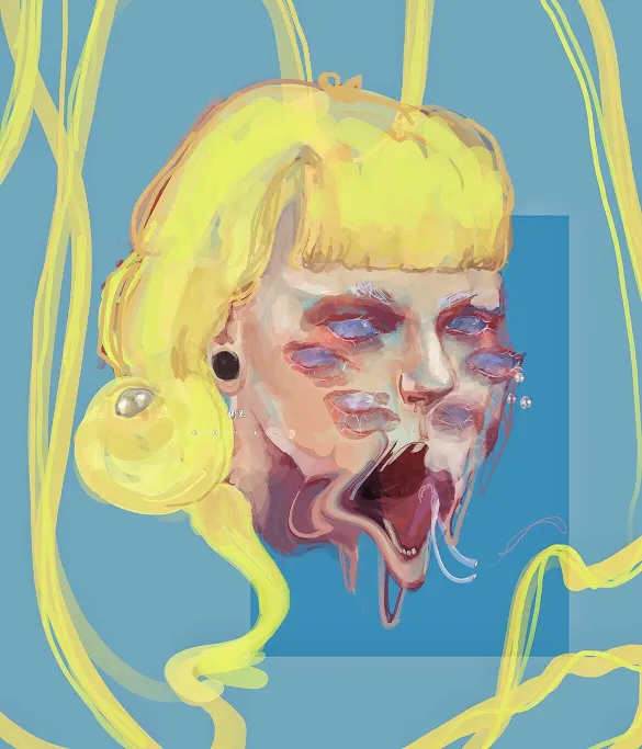 digital artwork of a melting, alien face