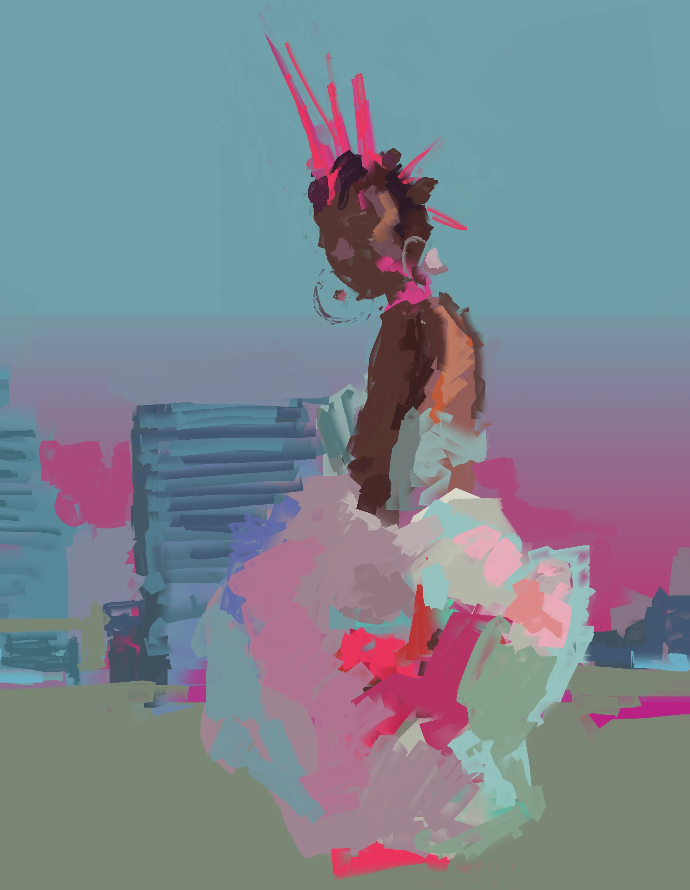 digital painting of a black woman with a pink mohawk and a cloud type dress