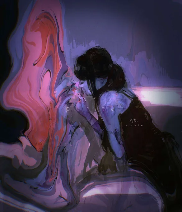 digital artwork portrait of a woman kissing a morphed entity, purple and pink